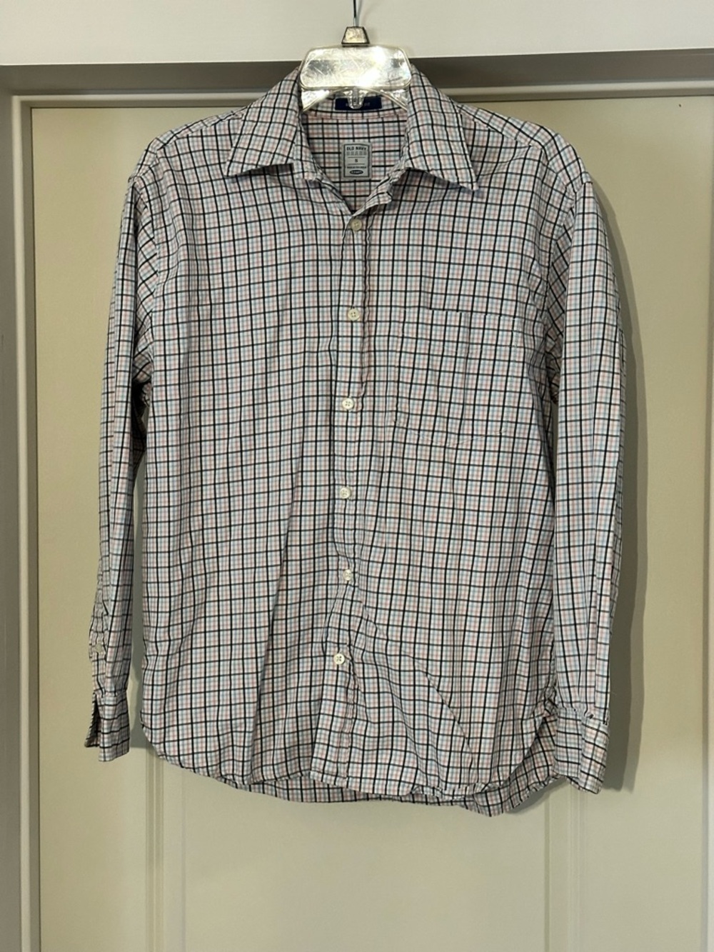 Old Navy White Button-Up Dress Shirt with Blue and Pink Windowpane Plaid